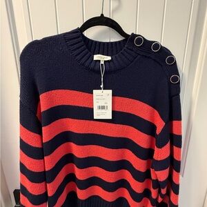 Lafayette 148 New York Navy and Coral Striped Sweater